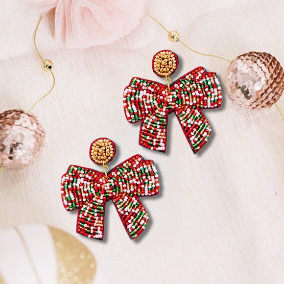 Christmas Ribbon Seed Beaded Statement Gift Colorful Bow Earrings NEW - Picture 4 of 6